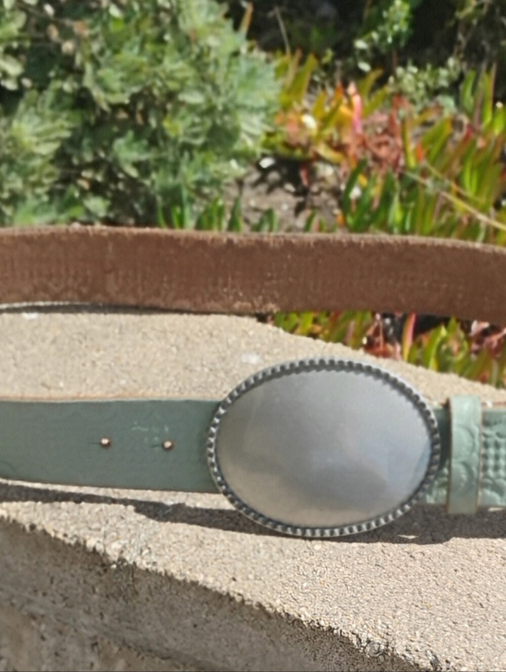 Antropologie Women's Green Leather Belt with Matte Silver Oval Buckle
